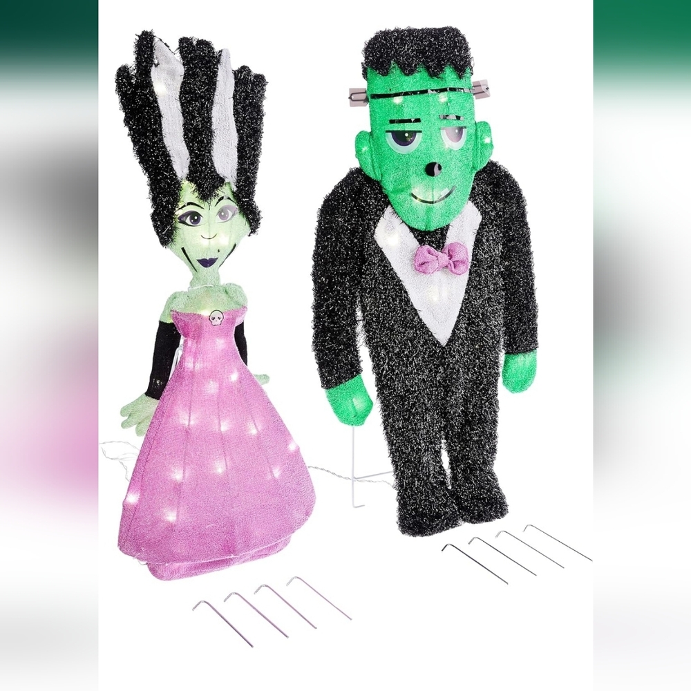 HALLOWEEN Spooky Town 28" Bride and Monster Outdoor 2D LED Yard DÉCOR 2PC NWT